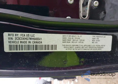 2021 Dodge Charger Gt Rwd z USA, uszkodzony, nr VIN 2C3CDXHG7MH648341